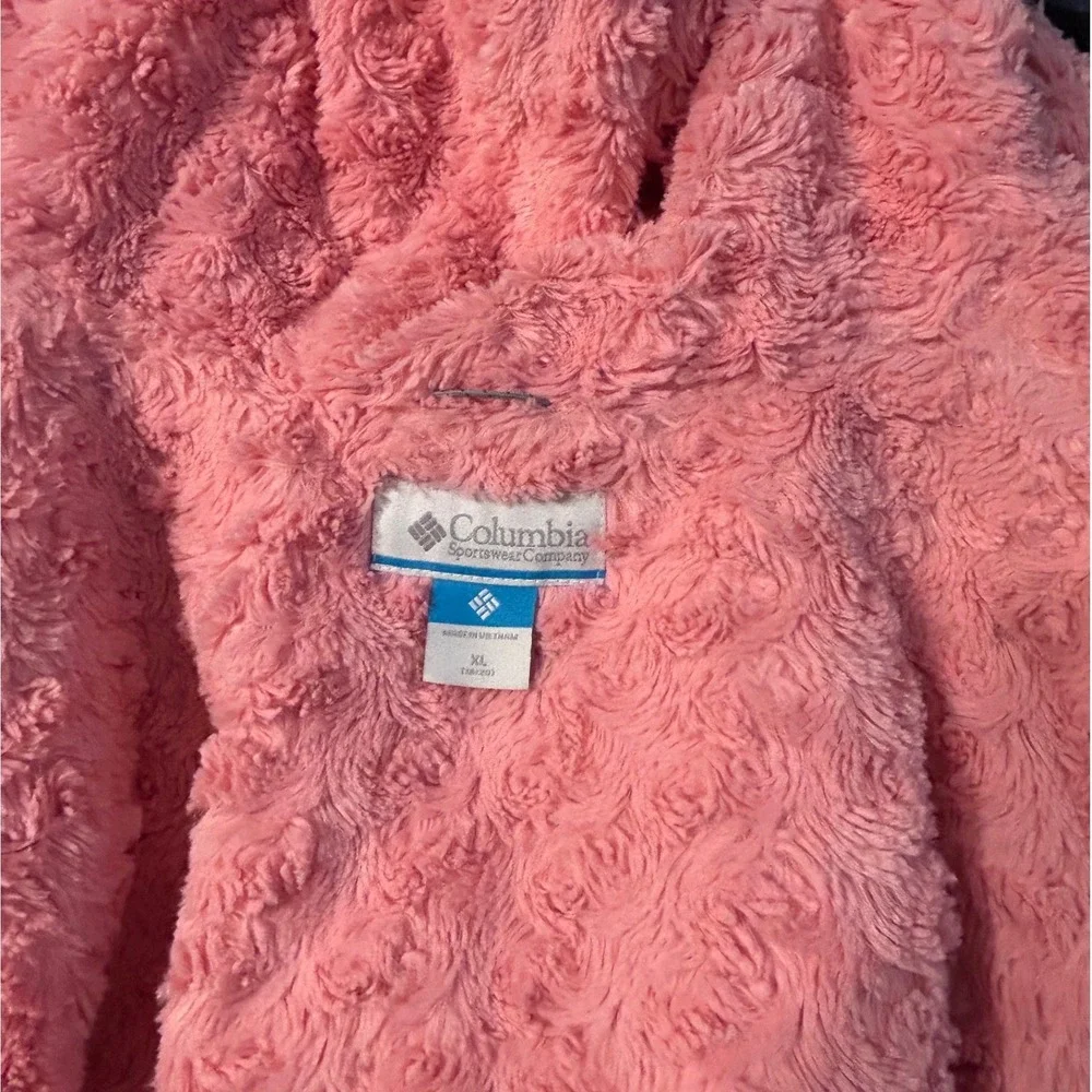 Columbia Girls XL Black Quilted Hooded Jacket Pink Fleece Lined Full Zip Coat